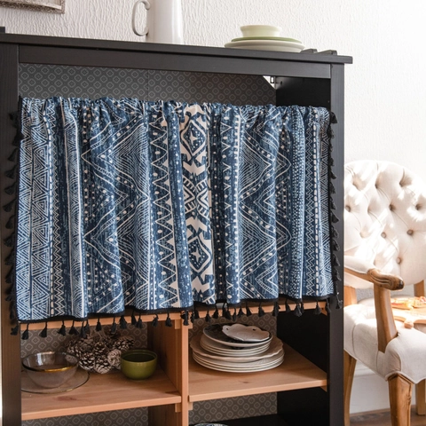 Bohemian Cotton Linen Geometric Print Valance Cafe Curtains With Black Tassel Fringe For Kitchen Cabinet Rod Pocket