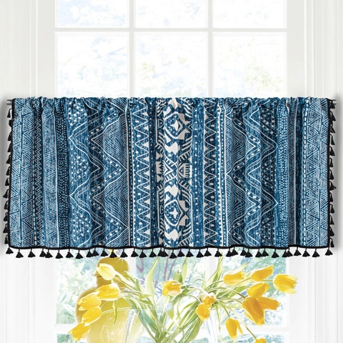 Bohemian Cotton Linen Geometric Print Valance Cafe Curtains With Black Tassel Fringe For Kitchen Cabinet Rod Pocket