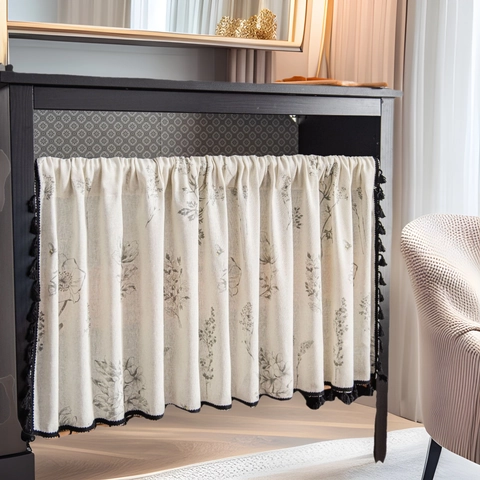 Rideau de Café Nordique en Coton et Lin Avec Glands Imprimé Floral Géométrique Rideau Court Antipoussière pour Meuble de Cuisine