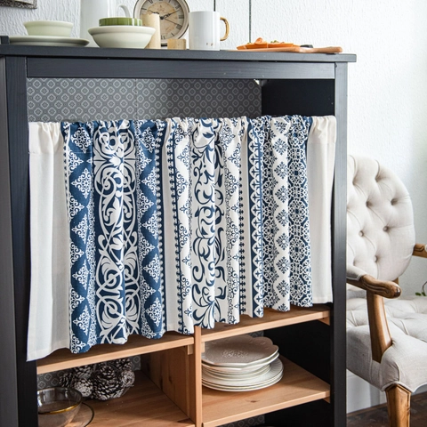 Rideau Brise-bise Bohème Lin de Coton Bleu Blanc Floral Géométrique Court Avec Glands pour Armoire Cuisine