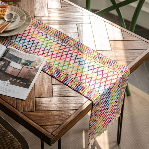 Bohemian Woven Cotton Linen Table Runner Tassels Rainbow Striped Geometric Pattern Decorative Cloth Home Dining Decor