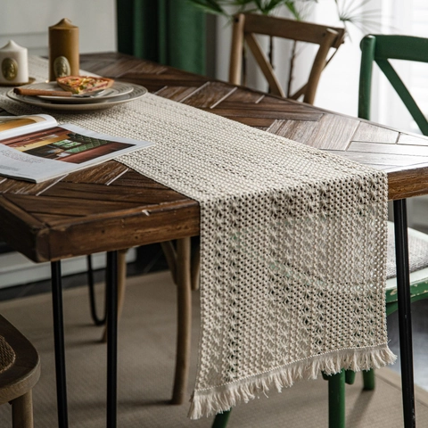 Boho Woven Cotton Jute Table Runner with Tassels Hollow Farmhouse Decor for Wedding Party Dining Room Kitchen Table Cover