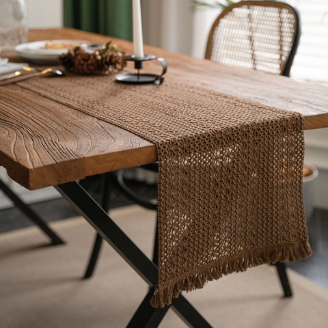 Hand Woven Cotton Linen Table Runner With Tassels Geometric Pattern Bohemian Farmhouse Style Home Decor Dining Cloth