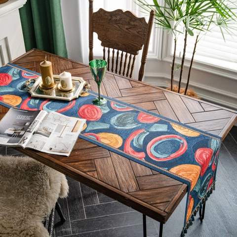 Retro Jacquard Tischläufer Mit Quasten Geometrische Blumen Blatt Muster Künstlerische Bunte Tischdeko Für Esstisch Couchtisch Kommode Haus Dekoration