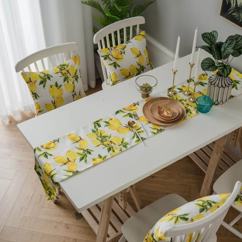 Yellow Lemon Print Table Runner Cotton Linen Fabric Rustic Floral Botanical Kitchen Dining Table Decor Home Party Wedding Decor
