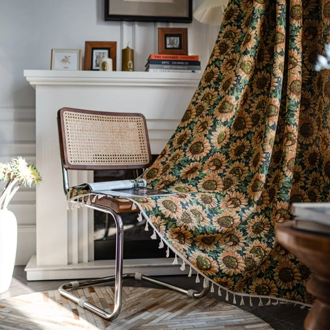 Tende Vintage Americane in Jacquard con Girasoli e Ortensie per Cucina Balcone Poliestere Cotone Semi Ombreggiante Tenda con Nappe