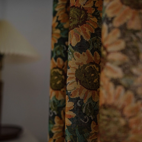 Tende Vintage Americane in Jacquard con Girasoli e Ortensie per Cucina Balcone Poliestere Cotone Semi Ombreggiante Tenda con Nappe