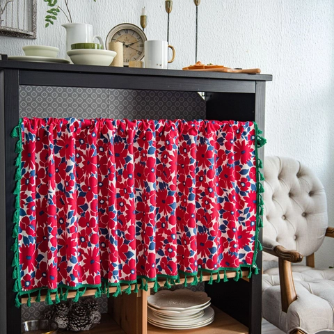 Bohemian Cotton Linen Cafe Curtain Floral Geometric Short Window Curtain With Tassels For Kitchen Cabinet Door Decor