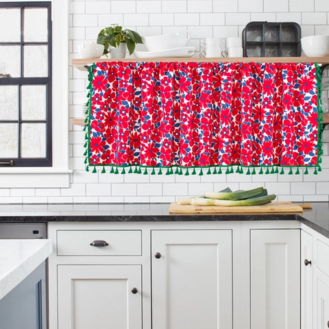 Bohemian Cotton Linen Cafe Curtain Floral Geometric Short Window Curtain With Tassels For Kitchen Cabinet Door Decor