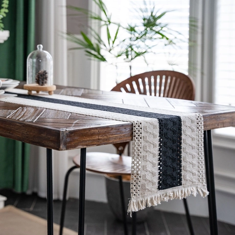 Chemin de Table en Jute et Coton Boho Style Vintage Américain Rayures Gland Décoration de Table Salle à Manger Textile