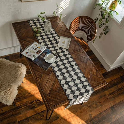 Chemin de Table Tissé en Coton et Jute Motif Géométrique Losange Avec Glands Style Bohémien Nordique Décoration de Table Salle à Manger