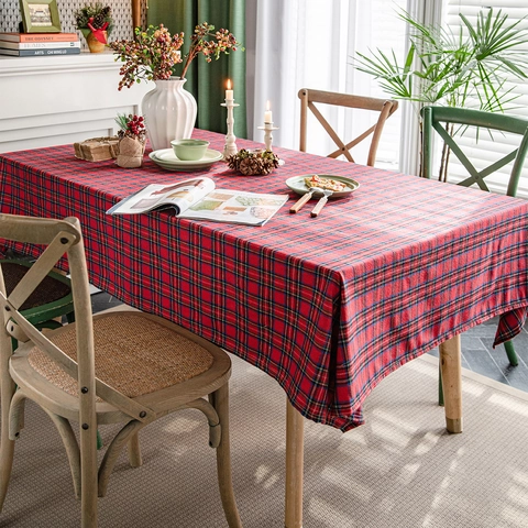 Christmas Tartan Plaid Tablecloth Yarn Dyed Cotton Blend Rectangle Round Table Cover For Kitchen Dining Home Decoration