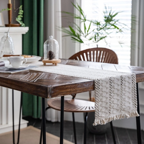 Bohemian Woven Table Runner Cotton Jute Blend With Tassels Geometric Crochet Design For Farmhouse Dining Table Decor