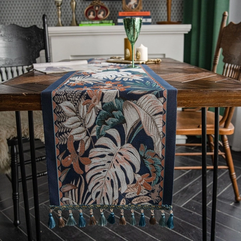 Runner da Tavola Jacquard con Piante Tropicali e Nappine Vintage Americano Motivi Botanici Geometrici Decorazione Tavola Rettangolare per Sala da Pranzo Casa