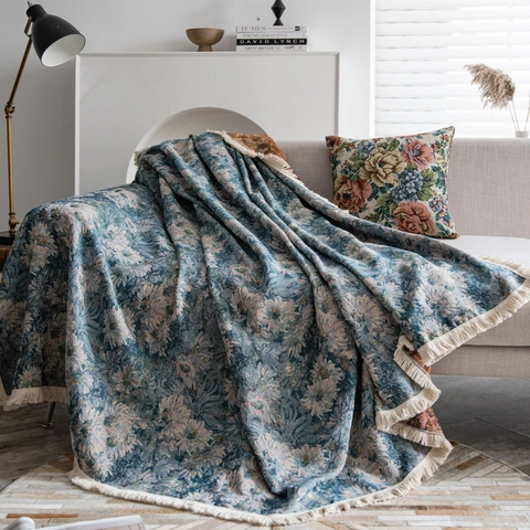 Funda de Sofá Jacquard Floral Vintage Con Borlas Poliéster Algodón Gruesa Resistente a Arañazos de Gato Protector de Muebles para Sala de Estar Manta de Sofá Moderna