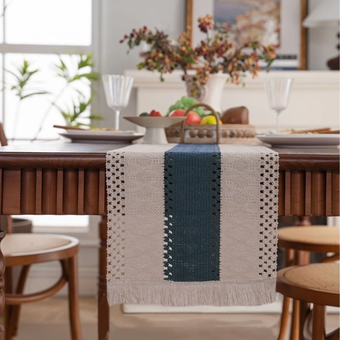Nordic Woven Table Runner With Tassel Crochet Hollow Out Bohemian Striped Table Decoration For Dining Room Wedding Home