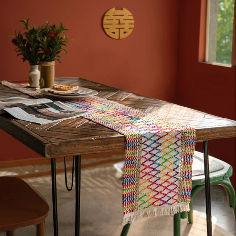 Bohemian Woven Cotton Linen Table Runner Tassels Rainbow Striped Geometric Pattern Decorative Cloth Home Dining Decor