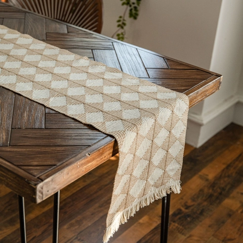Handgewebter Tischläufer Aus Baumwolle Und Jute Bohemian Rautengitter Muster Mit Quasten Landhausstil Dekorative Tischdecke