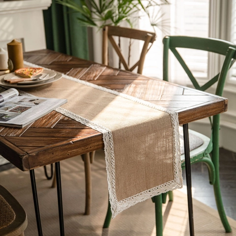Natural Jute Table Runner With Lace Trim American Style Vintage Burlap Tablecloth For Wedding Party Rustic Home Dining Room Decoration