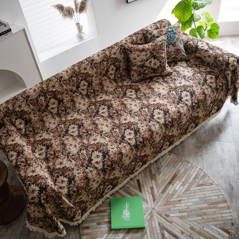Copridivano Jacquard Floreale Stile Vintage Americano in Poliestere Cotone Ispessito con Frange Decorativo per Casa