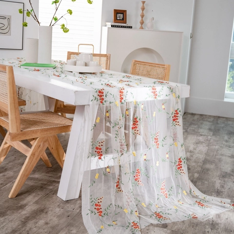 INS Style Floral Embroidered Mesh Tablecloth Fresh Small Flower Pattern Semi Transparent Table Runner For Wedding Party Decor
