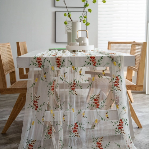 INS Style Floral Embroidered Mesh Tablecloth Fresh Small Flower Pattern Semi Transparent Table Runner For Wedding Party Decor