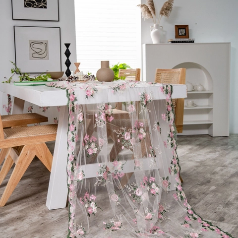 Floral Embroidery Lace Tablecloth Polyester Mesh Scalloped Edge Pastoral Style Table Runner For Wedding Party Home Decor