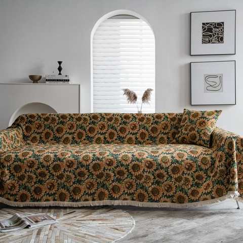 Funda de Sofá Estilo Rural Americano Jacquard Girasol Manta Con Borlas Gruesa Vintage Floral A Prueba de Polvo Protector Muebles