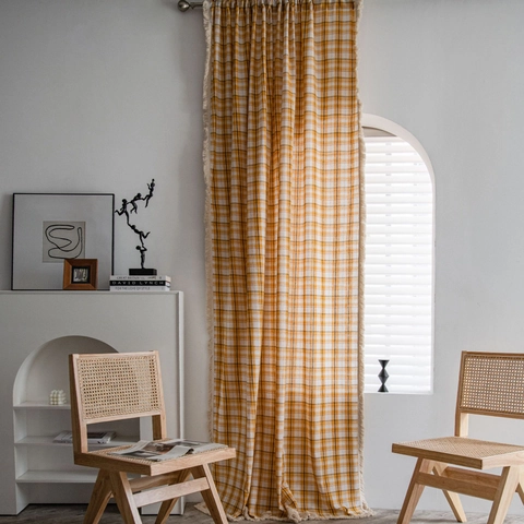 Nordic Plaid Cotton Curtains With Fringe Tassel Semi Shading Window Drapes For Kitchen Balcony Bay Window Home Decor
