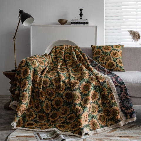 Funda de Sofá Estilo Rural Americano Jacquard Girasol Manta Con Borlas Gruesa Vintage Floral A Prueba de Polvo Protector Muebles