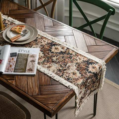 Amerikaanse Landelijke Stijl Jacquard Bloemen Tafelloper Met Kwastjes Katoen Linnen Polyester Stof Eettafel Decoratie
