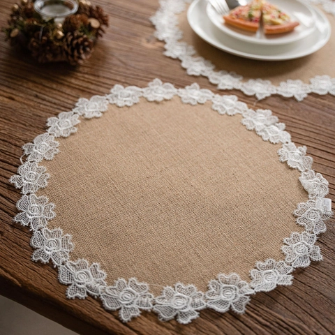 Rustic Jute Table Runner with White Lace Floral Trim American Vintage Burlap Tablecloth for Wedding Party Dining Table Decor
