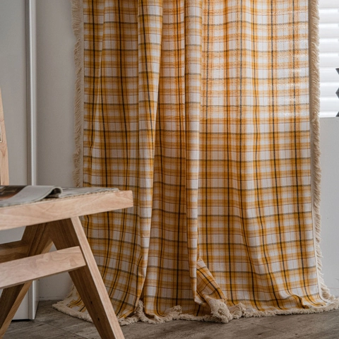 Nordic Plaid Cotton Curtains With Fringe Tassel Semi Shading Window Drapes For Kitchen Balcony Bay Window Home Decor
