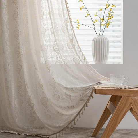 Rideau en Dentelle au Crochet Rose Vintage Français Avec Glands Translucide Ajouré Pour Salon Chambre Décoration Maison