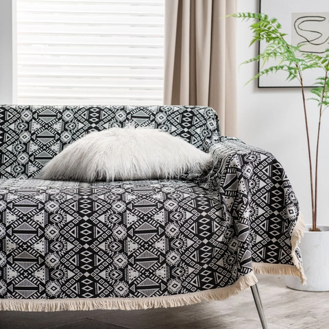 Funda de Sofá Jacquard Geométrica Retro Estilo Campo Americano Manta Multifuncional Con Borlas Cubierta Gruesa para Sofá Decoración