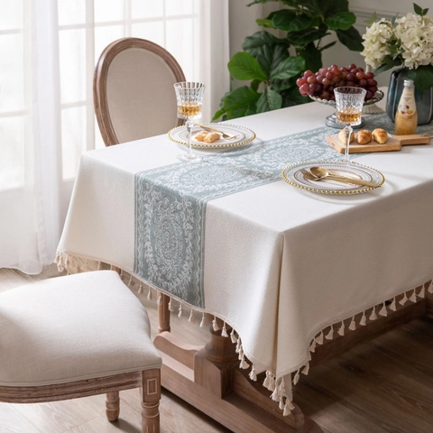 American Vintage Cotton Linen Blend Tablecloth Rectangular Tassel Table Cover Washable Dustproof Dining Table Cloth For Home Wedding Party