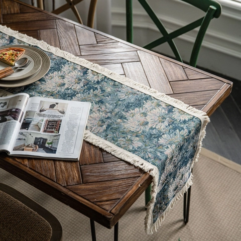 Amerikaanse Retro Floral Jacquard Tafelloper Met Kwastjes Katoen Linnen Blend Geweven Placemat Voor Eetkamer Keuken Feest Thuis Decoratie