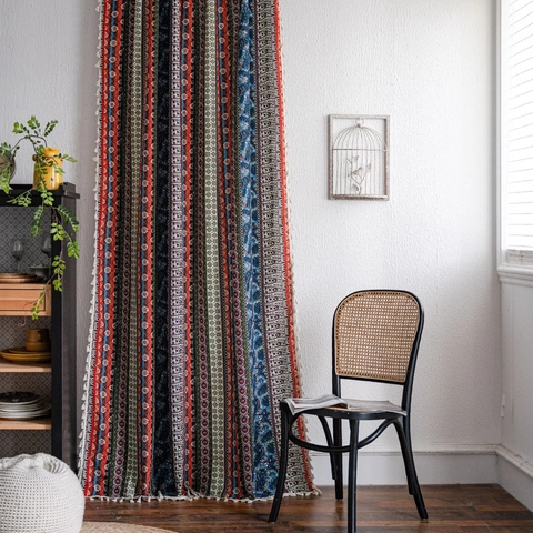 Bohemian Cotton Linen Tassel Curtains Printed Patchwork Striped Window Drapes Living Room Kitchen Semi-blackout Retro Decor