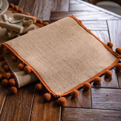 Camino de Mesa Tejido de Yute Natural y Algodón Con Flecos de Pompones Coloridos Decoración de Mesa Rústica Bohemia Para Fiesta