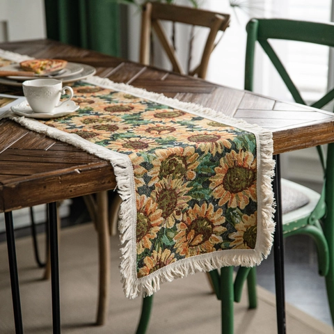 Amerikaanse Stijl Zonnebloem Jacquard Tafelrunner Met Kwastjes Katoen Linnen Bloemen Tafeldecoratie Voor Eettafel Huis