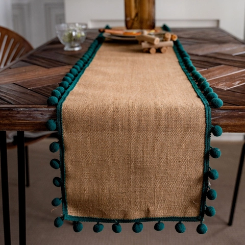 Natural Jute Table Runner With Pom Pom Trim Rustic Burlap Woven Tablecloth For Wedding Party Farmhouse Dining Room Decoration