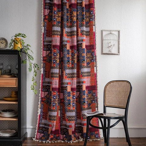 Bohemian Cotton Linen Window Curtain Vintage Geometric Patchwork Pattern Tassel Edge Kitchen Living Room Decorative Drape