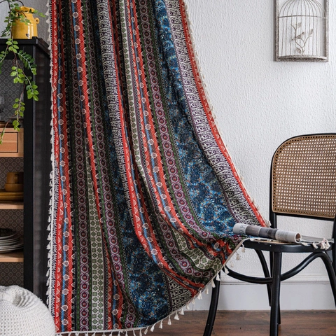 Bohemian Cotton Linen Tassel Curtains Printed Patchwork Striped Window Drapes Living Room Kitchen Semi-blackout Retro Decor