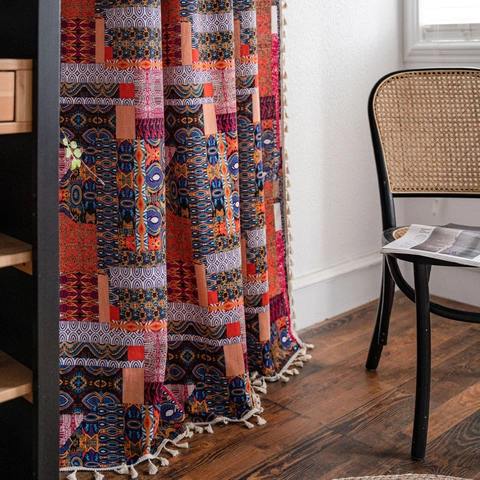 Bohemian Cotton Linen Window Curtain Vintage Geometric Patchwork Pattern Tassel Edge Kitchen Living Room Decorative Drape