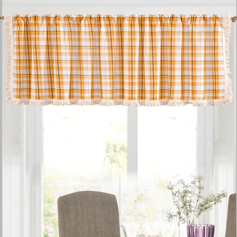 American Style Cotton Linen Rod Pocket Gingham Valance With Tassels For Kitchen Bathroom Cafe Door Short Curtain
