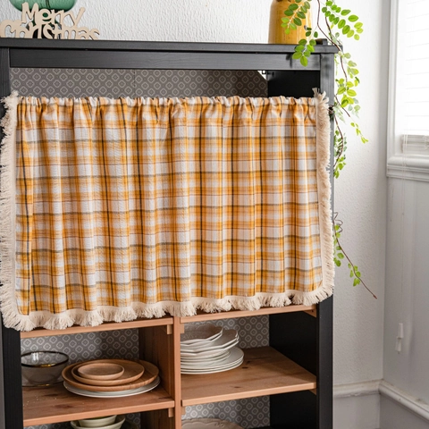 American Style Cotton Linen Rod Pocket Gingham Valance With Tassels For Kitchen Bathroom Cafe Door Short Curtain