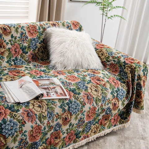 Copridivano in Stile Country Americano con Jacquard Floreale Coperta Spessa in Tessuto Multifunzionale con Nappine per Casa