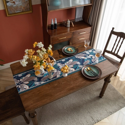 Vintage Jacquard Table Runner With Tassels Botanical Plant Leaves Pattern Polyester Table Cloth For Dining Table Home Decor