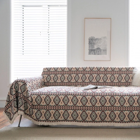 American Rustic Bohemian Geometric Jacquard Sofa Cover Thick Polyester Cotton Furniture Protector Slipcover With Tassel Fringe