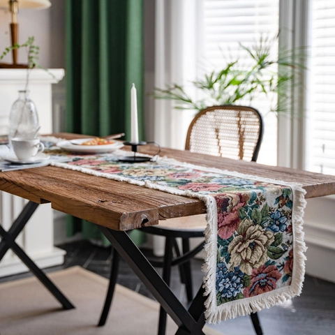 Camino de Mesa Jacquard Floral Vintage Americano Con Borlas Mezcla Algodón Poliéster Grueso Para Decoración De Fiesta